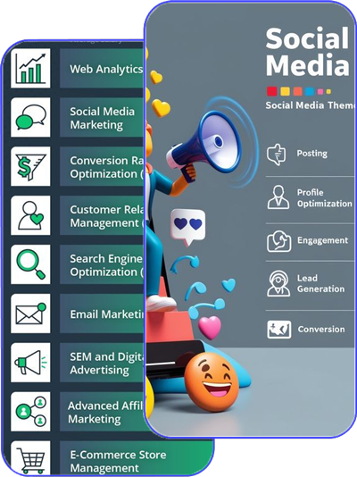 Digital Marketing course illustration showing social media, SEO, and online advertising concepts at Expert Academy